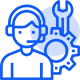 A blue line icon of a customer support agent wearing a headset next to a gear, representing technical support and operational maintenance within IT and BPO services.