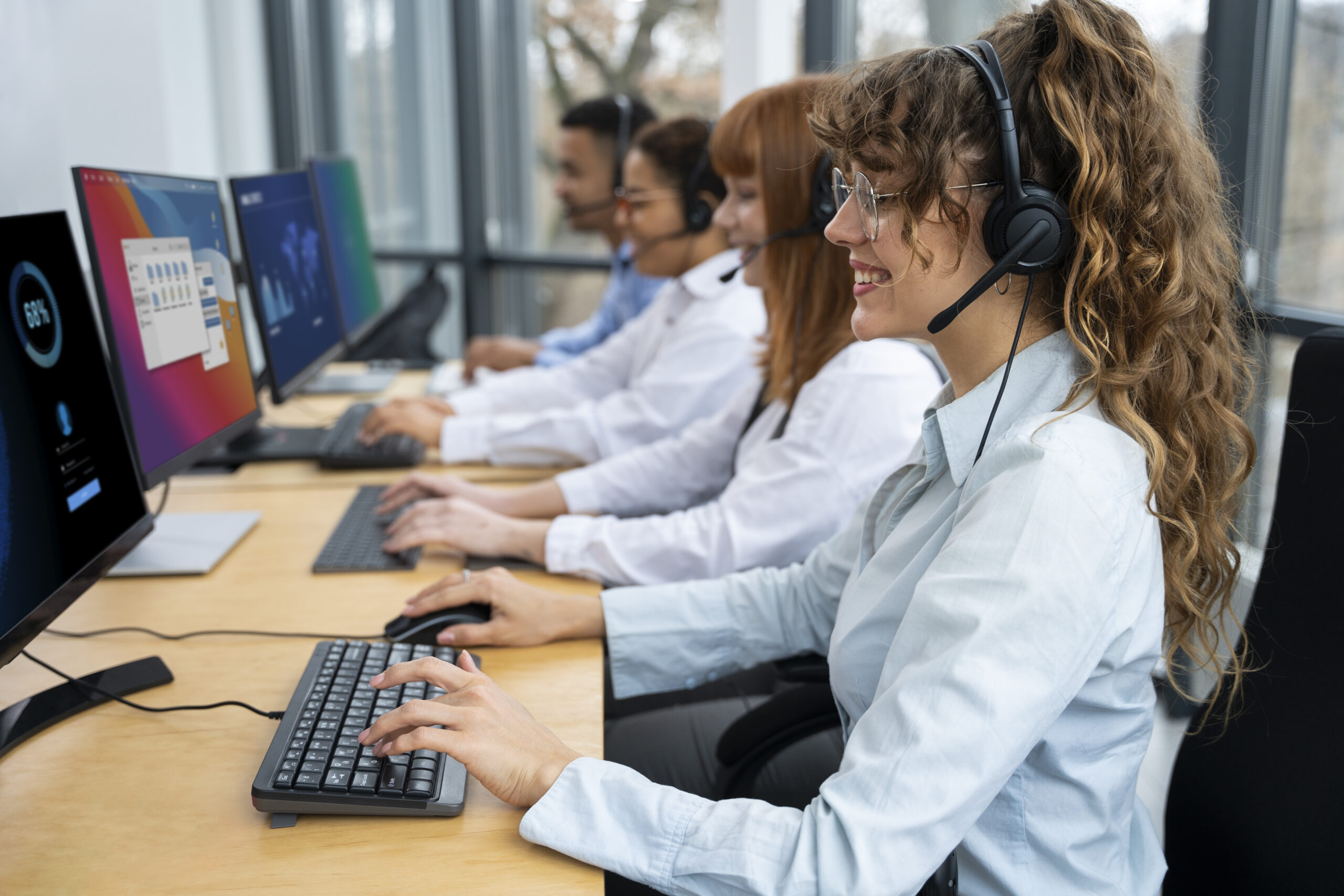 A row of professional support agents providing Customer service solutions while wearing headsets and working at computers in a modern office.
