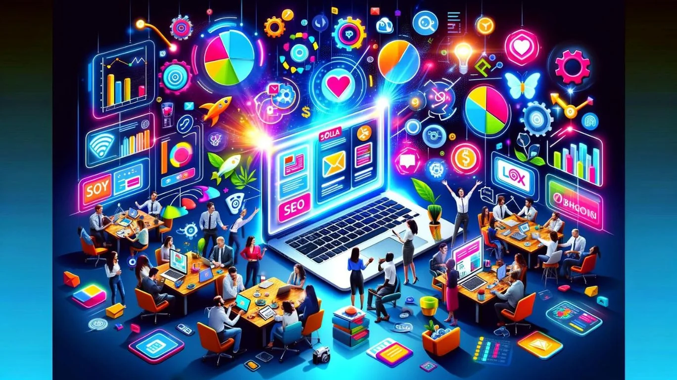 A vibrant, futuristic 3D illustration of a creative team working around a giant laptop, surrounded by glowing icons representing Digital marketing services like SEO, social media, and analytics.