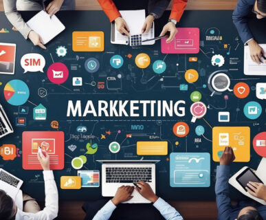 A diverse professional team collaborating around a large table featuring various colorful icons and the word "MARKETTING," illustrating the brainstorming and strategy behind effective Digital marketing services.