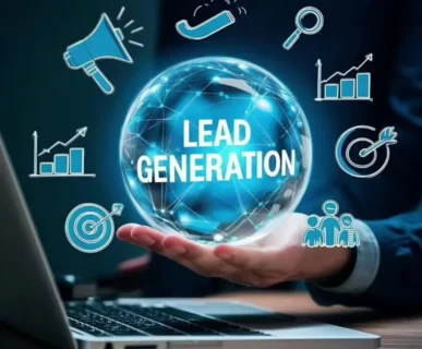 A person holding a glowing digital sphere labeled "Lead Generation," surrounded by icons for marketing, analytics, and growth, representing professional lead generation services.